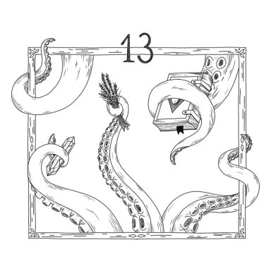 Bilderrahmen mit der Inschrift 13.
Tentakel halten ein Zauberbuch, Kräuter und Edelsteine. Sie schlängeln sich um den Bilderrahmen.