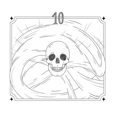 Bilderrahmen mit der Inschrift 10.
Aus einem Schädel dringen Luft- und Rauchschwaden heraus