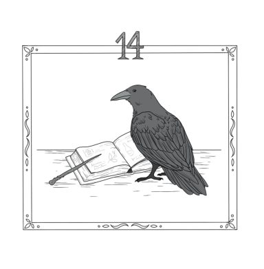 Bilderrahmen mit der Inschrift 14.
Ein schwarzer Rabe liest ein Zauberbuch. Ein Zauberstab liegt daneben.
