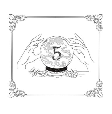 Im Bilderrahmen ist eine Kristallkugel mit der Inschrift 5. Zwei Hände umgeben sie. Blumen umrahmen diese
