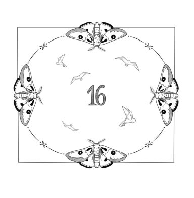 Bilderrahmen mit der Inschrift 16.
Motten und Papiervägel umgeben die Zahl 16