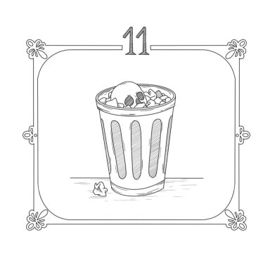 Bilderrahmen mit der Inschrift 11.
 Ein Schädel liegt in einem Papierkorb vergraben.