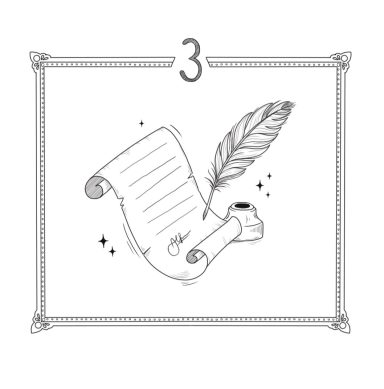 Bilderrahmen mit der Inschrift 3.
Eine fliegende Papierrolle wird von einer fliegenden Feder unterzeichnet