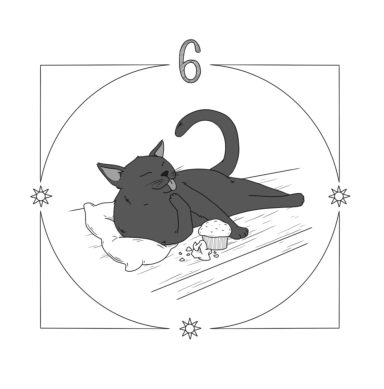 Bilderrahmen mit der Inschrift 6.
Ein schwarzer Kater liegt auf einem Kissen, leckt sich die Pfote und isst einen Muffin