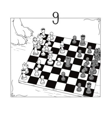 Bilderrahmen mit der Inschrift 9.
Abgebildet ist ein Schachbrett mit Fuchspfoten am Rand
