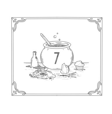 In einem Bilderrahmen ist ein Kessel mit der Inschrift 7 abgebildet. Daneben sind ein Muffin, Kräuter, Edelsteine und weitere Zutaten